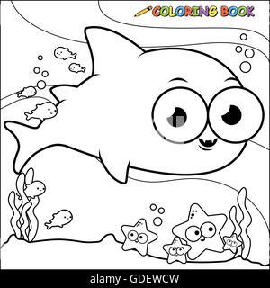 Ein süßer Babyhai, Fische und Seesterne schwimmen unter Wasser. Cartoon Hai und Meerestiere glückliches Bild. Vektor-Schwarzweiß-Farbseite. Stock Vektor