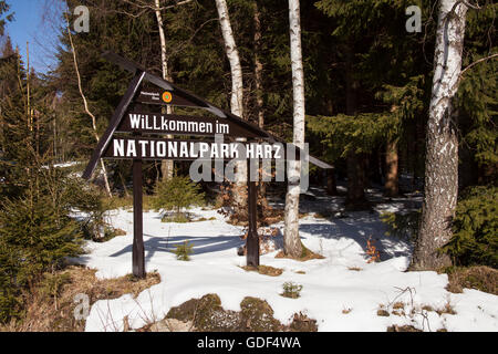 Schild Nationalpark Harz, Nationalpark Harz, Sachsen-Anhalt, Deutschland, Europa Stockfoto