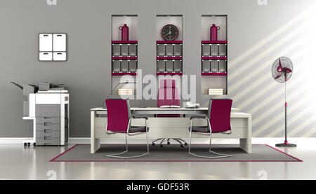 Grau und lila modernes Büro mit Schreibtisch, Stühle und Multifunktions-Drucker - 3d rendering Stockfoto