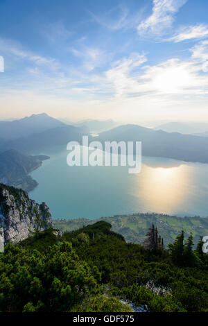 Steinbach am Attersee: Blick vom Gipfel Mahdlgupf auf See Attersee (vorne) und See Mondsee, links die Mount Schafberg, Österreich, Stockfoto