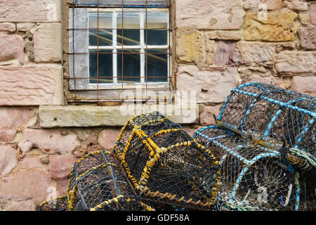 Hummer-Töpfe (Gatter) außerhalb einer alten Fischerhaus in Schottland. Stockfoto