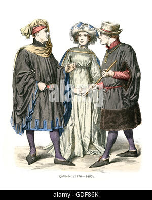 Kostüme von Holland, holländische Männer und Frau 1470 bis 1485 Stockfoto