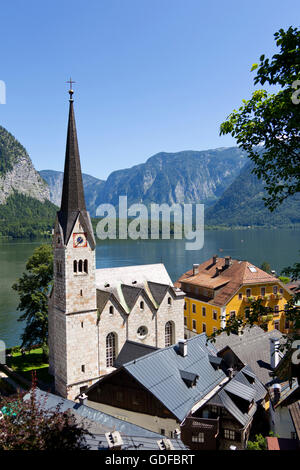 Hallstatt, evangelische Kirche, Hallstättersee, Oberösterreich, Österreich Stockfoto