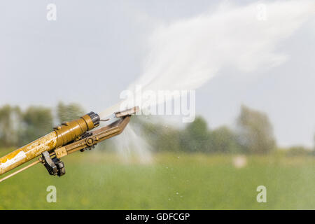 Details der Sprinkleranlage bewässern Felder, insbesondere die Zeit, die der Wasserstrahl trifft die Feder Hebel Stockfoto