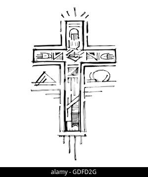 Vektor-Illustration von Hand gezeichnet oder Zeichnung aus einem religiösen Kreuz mit verschiedenen Symbolen Stockfoto