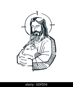 Vektor-Illustration von Hand gezeichnet oder Zeichnung des guten Hirten Jesus Stockfoto