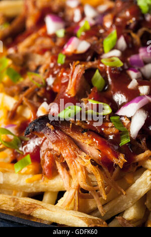 Hausgemachte BBQ Schweinefleisch Pommes Frites mit Sauce gezogen Stockfoto