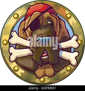 Cartoon-Clip Art Vektorgrafik von einem Piraten-Bloodhound Hund Kopf in ein Bullauge mit gekreuzten Knochen im Maul. Stock Vektor