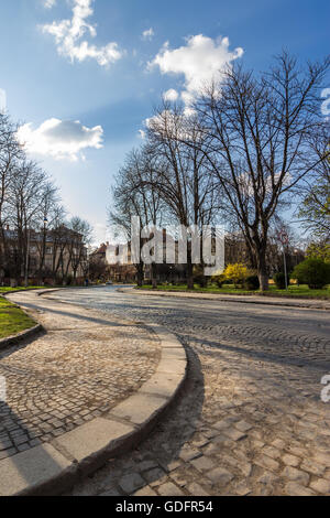 gepflasterte Straße schlängelt sich durch die Altstadt in der Nähe des Parks im späten Frühjahr Abend Stockfoto