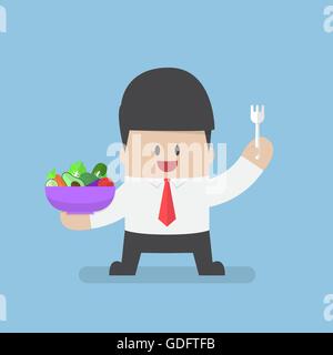 Geschäftsmann hält Gemüse Salatschüssel und Gabel auf seine Hand, gesunde Ernährung und Lifestyle-Konzept Stock Vektor