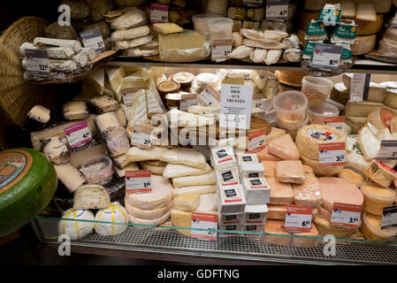 Eine große Auswahl an holländischen Käse in einem Delikatessenladen in Amsterdam, Holland, Niederlande. Stockfoto