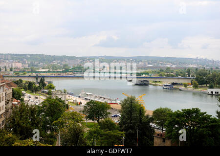 Blick auf Branko Brücke und alte Sava Brücke über den Fluss Sava vom Promenade in Large Kalemegdan Park in Belgrad, Serbien Stockfoto