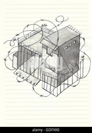 Handgezeichnete Abbildung eines Hauses mit viel Stacheldraht, Kameras und andere Sicherheitsmaßnahmen Stockfoto