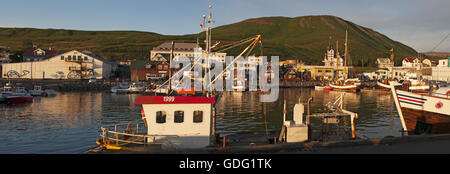 Island, Europa: die Skyline bei Sonnenuntergang und der Hafen der Fischerort Husavik, Walbeobachtung Zentrum an der Nordküste der Insel Stockfoto