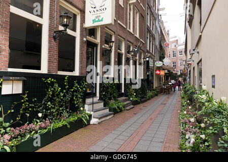 Eine traditionelle Gehweg zwischen zwei Gebäuden in Amsterdam, Holland, Niederlande. Stockfoto