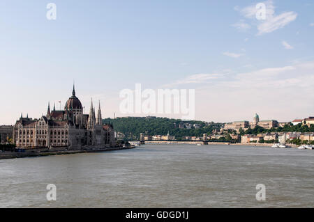 Am linken Ufer der Donau in Budapest befindet sich das ungarische Parlament, und weiter flussabwärts auf der rechten Seite befindet sich das ungarische Parlament Stockfoto