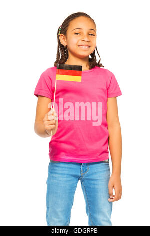 Freudige schwarzes Mädchen mit deutscher Flagge Stockfoto