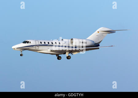 Air X Cessna 750 Citation X [D-BOOC] segelnder Touch und Gos am Start-und Landebahn 31 am Abend. Stockfoto