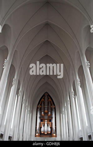 Reykjavik, Island: das Konzert Orgel der Hallgrimskirkja, luteran Kirche von Hallgrimur, von Johannes Klais Orgelbau in Bonn gebaut, Deutschland Stockfoto