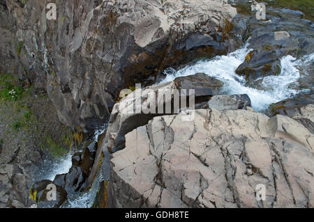 Island, NorthernEurope: Ansicht von oben Der Svartifoss, der Schwarze Herbst, ein Wasserfall in Skaftafell von dunklen lava Säulen umgeben Stockfoto