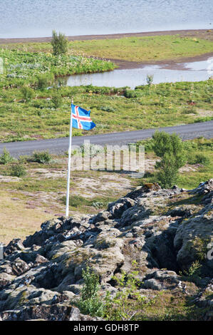 Thingvellir Nationalpark: der Schlucht Almannagjá, die Risse, die die Kontinentaldrift zwischen der nordamerikanischen und der eurasischen Platte Stockfoto