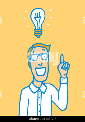 Cartoon-Illustration eines Mannes in Gläsern mit einer Idee Glühbirne über dem Kopf Stockfoto