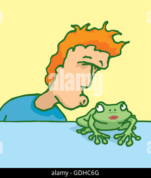 Lustige Karikatur Illustration der junge Mann in der Liebe zu kiss a frog Stockfoto