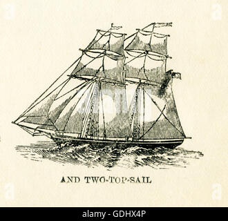 Das Schiff in dieser Zeichnung aus dem 19. Jahrhundert abgebildet ist ein Schoner, speziell ein zwei-Spitze-Segel. Stockfoto