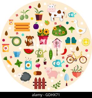 Runde Bauernhof flache Banner das Leben in der Natur Tiere isoliert Vektor-illustration Stock Vektor