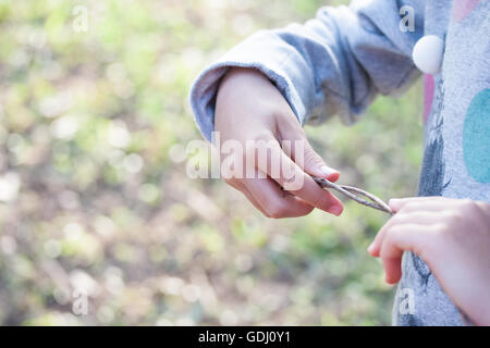 Mädchen spielt mit Zweigen, die mit ihren Händen Stockfoto