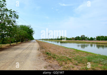 Kanal Wasserlauf Wasserstraße der Wasserversorgung mit Wasser Pipehigh Spannung Pol im Lande Nonthaburi, Thailand Stockfoto