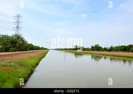 Kanal Wasserlauf Wasserstraße der Wasserversorgung mit Wasser Pipehigh Spannung Pol im Lande Nonthaburi, Thailand Stockfoto