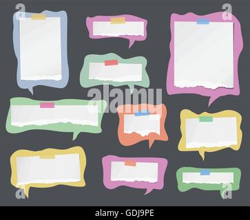 Zerrissene weiße Hinweis-Zettel sind auf bunte Sprechblasen Stock Vektor