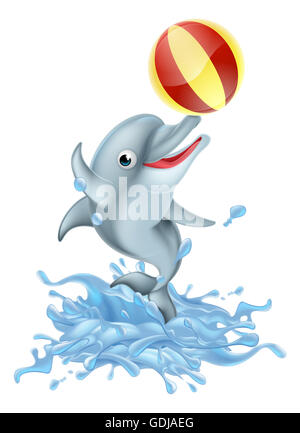 Ein glückliches Cartoon Delfin spielt mit einem aufblasbaren Ball aus dem Wasser Spritzen Stockfoto