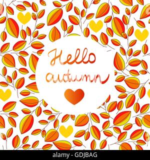 Herbst Musterdesign mit handgeschriebenen Schriftzug Hallo Herbst im inneren Blätter Hintergrund Stock Vektor