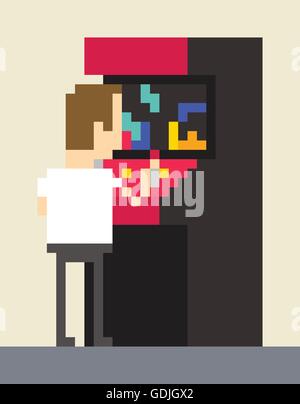Pixel-Grafik Gamer spielen auf Retro-Arcade-Maschine Stock Vektor