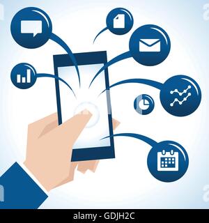 Illustration der Geschäftsmann hält Handy und Symbole Stock Vektor