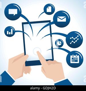 Illustration der Geschäftsmann mit Digital-Tablette und Symbole Stock Vektor