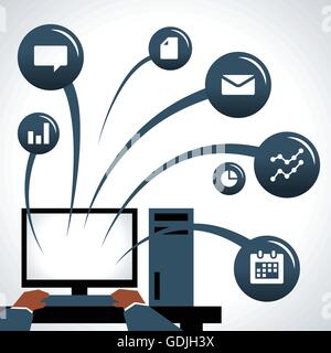 Illustration der Geschäftsmann mit Computer mit Icons Stock Vektor