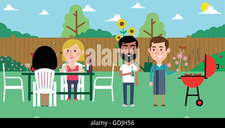 Abbildung von Freunden Grillfest im Garten Stock Vektor