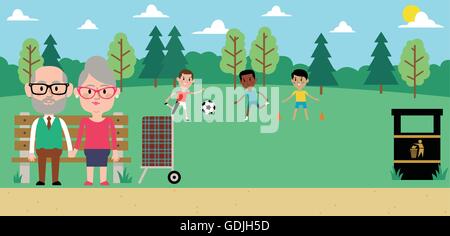 Außenillustration älteres Paar auf Bank im Park sitzen Stock Vektor