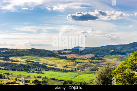 Panorama von Val D'Orcia Tal in der Toskana. Ein Wiev von Montepulciano entfernt. Stockfoto