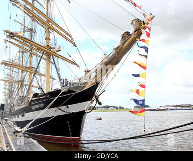 Bogen des russischen Großsegler Krusenschtern bei festgemachten Delfsail Sailing Event Juli 2016. Stockfoto