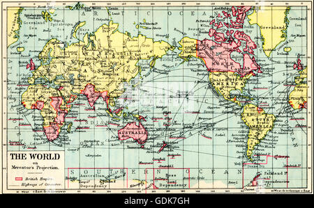 Eine 30er-Karte der Welt auf Mercators-Projektion.  Das britische Empire in rot dargestellt. Stockfoto
