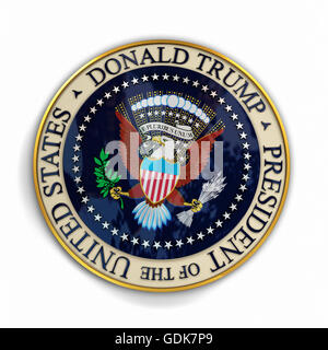 Abbildung des Präsidenten Siegel mit Donald Trump Namen drauf. Stockfoto
