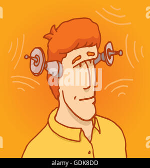 Cartoon-Illustration eines Mannes mit verstärkten Roboter Ohren oder Antenne Stockfoto