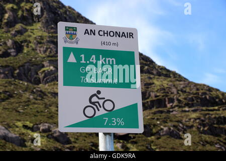 Verkehrszeichen für Radfahrer zeigt steile Grad Ausblick auf die Gipfel, Connor Pass, Dingle Halbinsel, Irland. Stockfoto