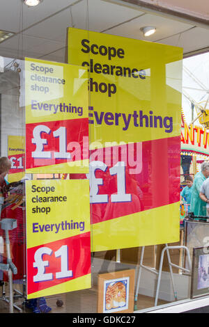 Rot & gelben Schilder und Plakate in Scoop-Clearance shop   alles, was ein Pfund, Stockfoto