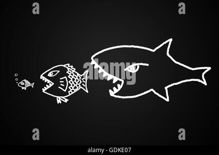 große Fische frisst die kleine Konzeptbild mit gezeichneten von hand gefertigt. Stockfoto