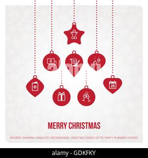 Weihnachtsbaum mit Kugeln und Symbole festlegen und winter Hintergrund. Stock Vektor